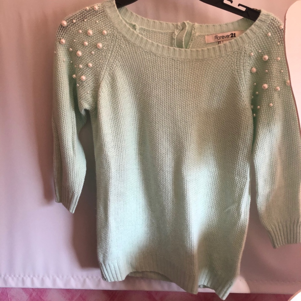 Teal Sweater with Pearls